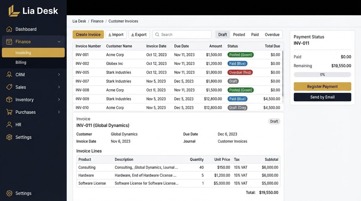 Invoicing screen in Lia Desk